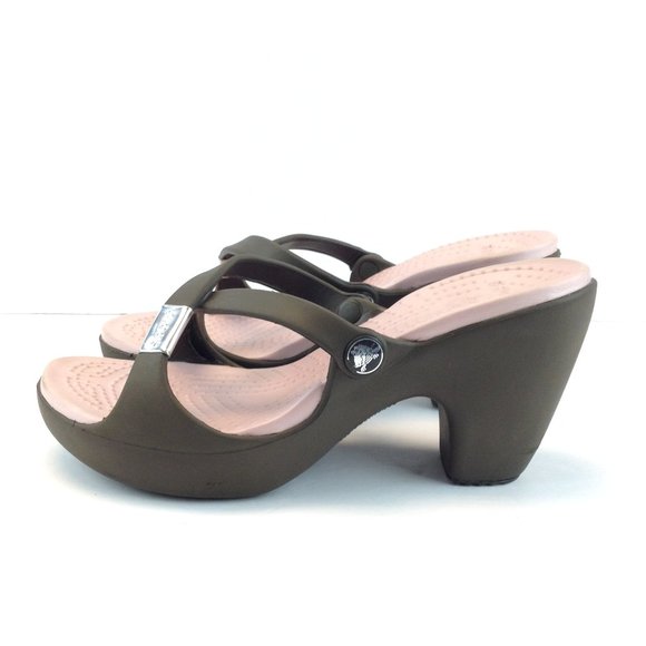 Crocs Cyprus Block Heels Brown Pink Criss Cross Strap - Picture 3 of 16